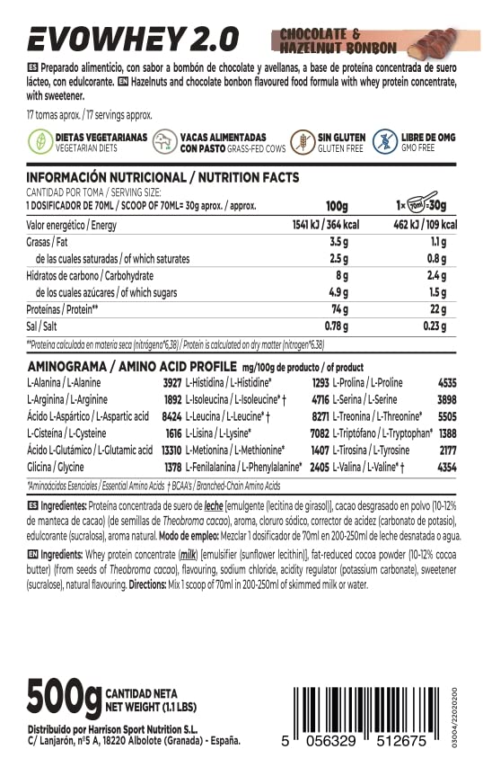 Concentrado-de-Proteina-de-Suero-de-HSN-Evowhey-Protein-20-Sabor-Bombon-de-Chocolate-y-Avellanas-500-g-17-Tomas-por-Envase-No-GMO-Vegetariano-Sin-Gluten-ni-Soja
