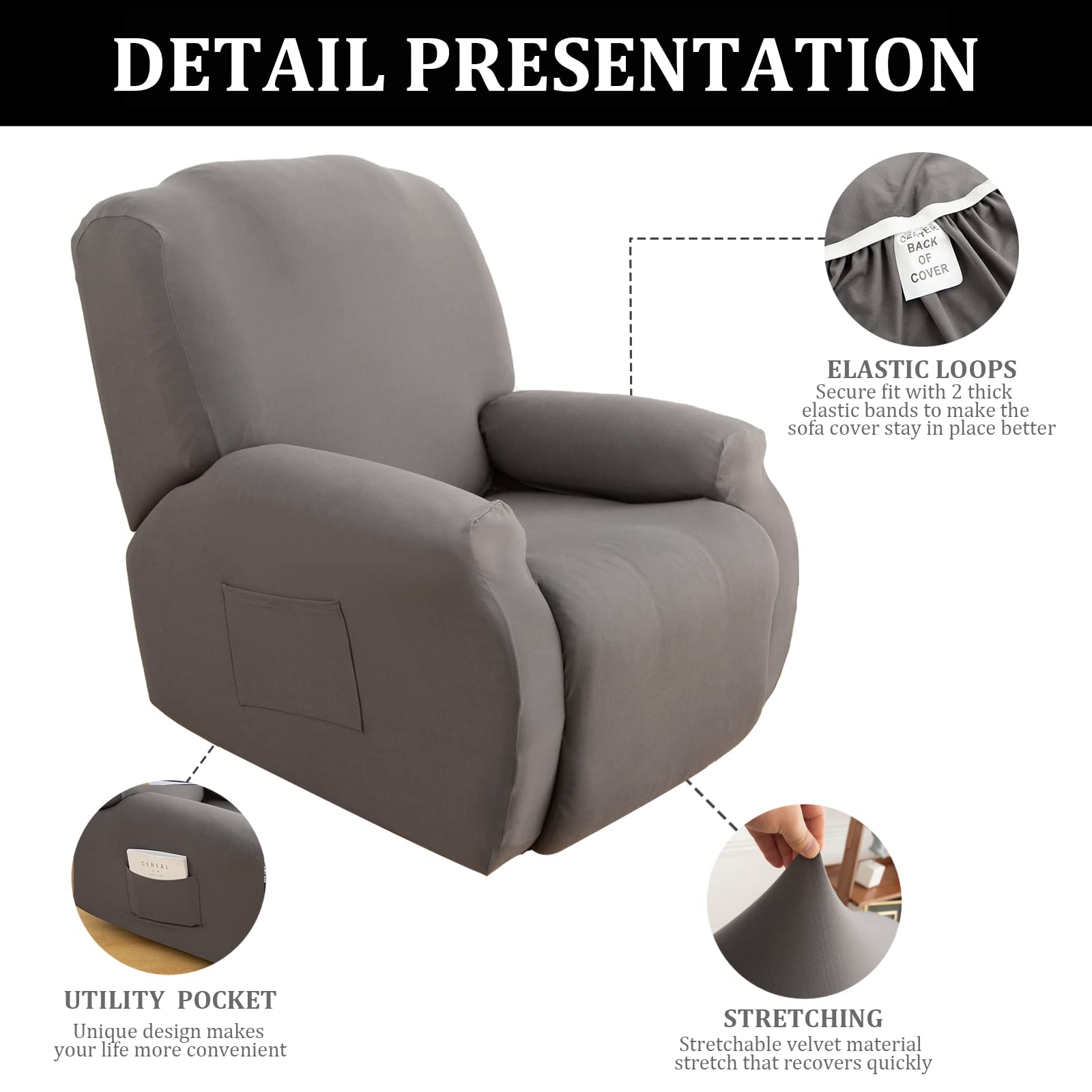 Jaotto Copripoltrona Relax Reclinabile,Fodere Copripoltrona 1 Posto Universale,Moderne Copripoltrona Relax Reclinabile con Tasche Lavabile,Coperture per Divano da Massaggio,Grigio