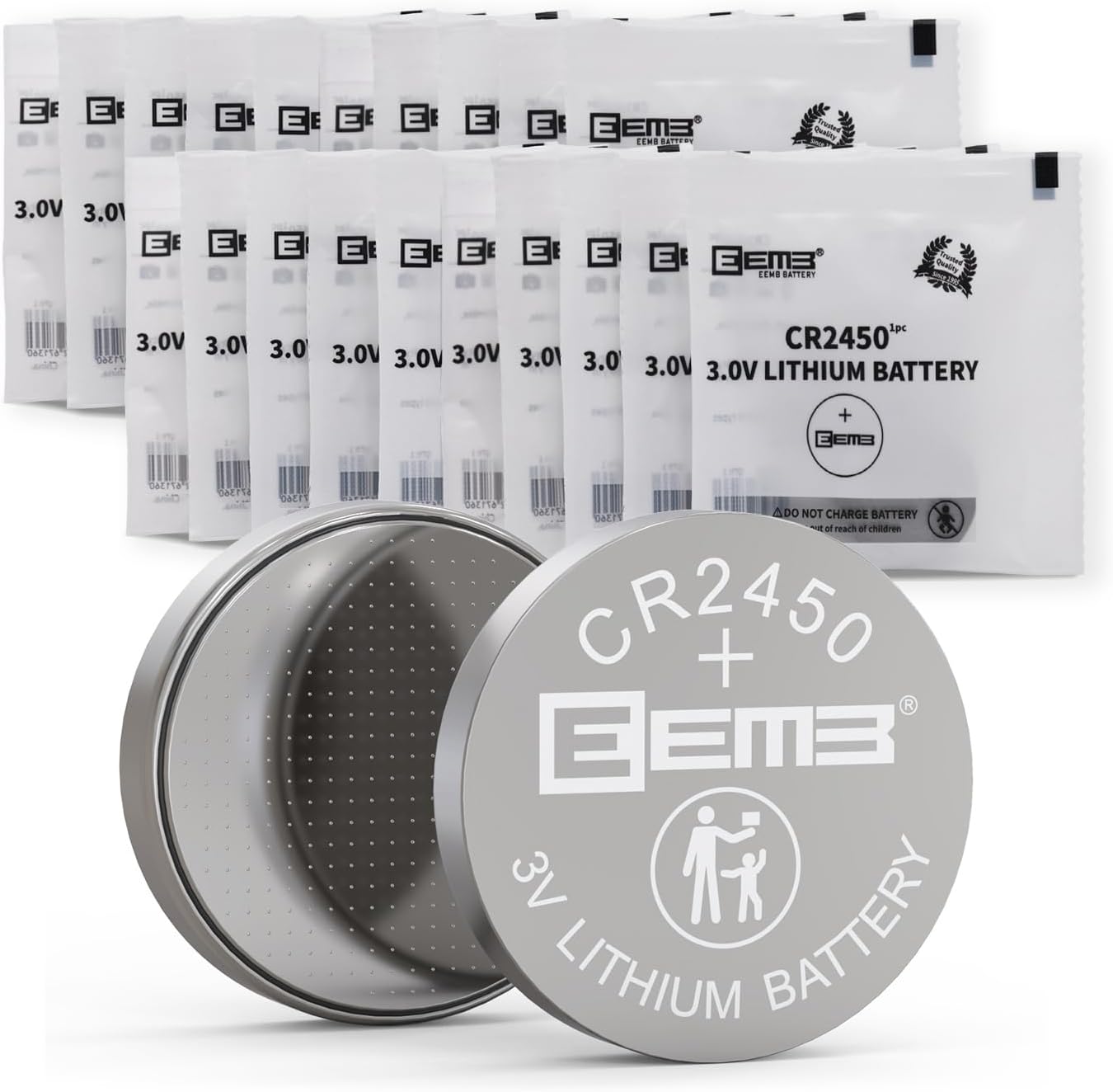 EEMB CR2450 Battery, 20-Pack CR2450 3V Lithium Battery 650mAh Long-Lasting CR 2450 Batteries with Leak-Proof Design, for Remote Controls, Car Key Fobs, Watches, Flameless Candles & Smart Devices