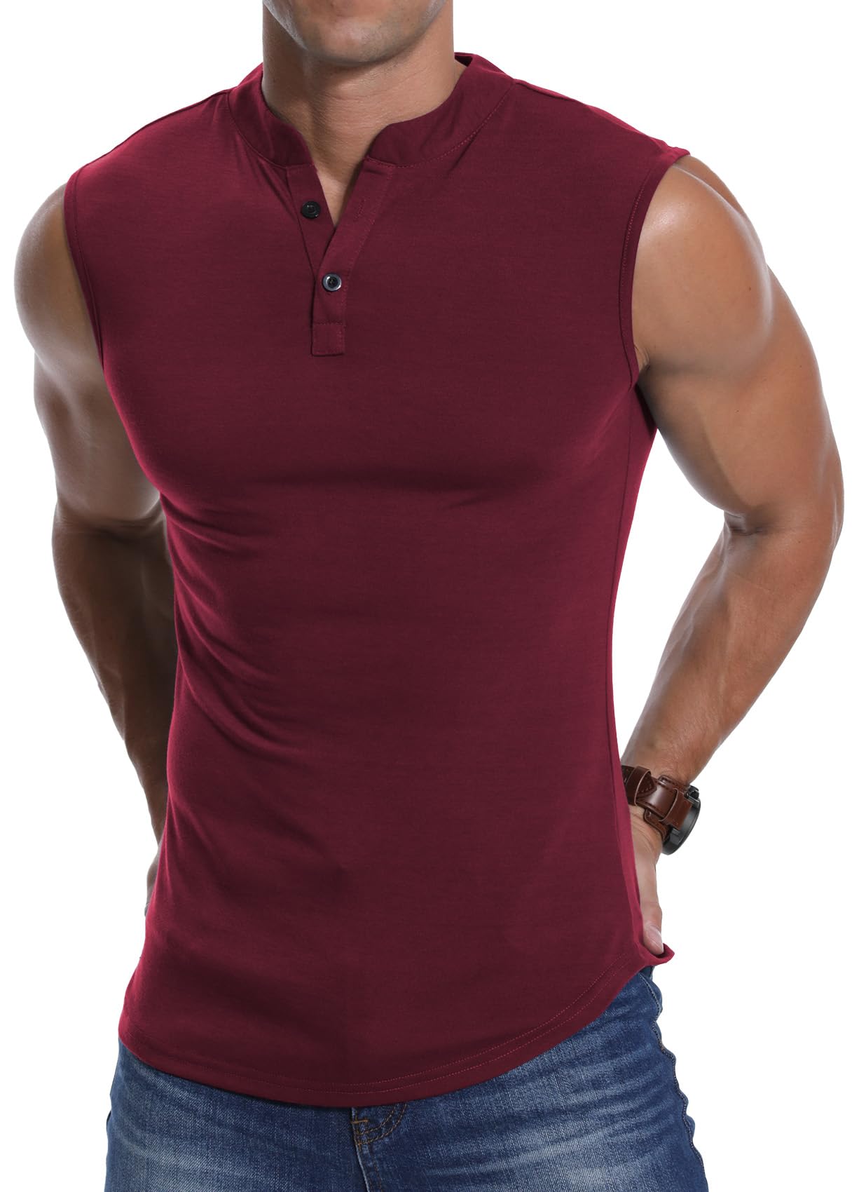 KUYIGO Camiseta Deportiva sin Mangas Henley para Hombre, Camiseta Deportiva Ajustada para Correr