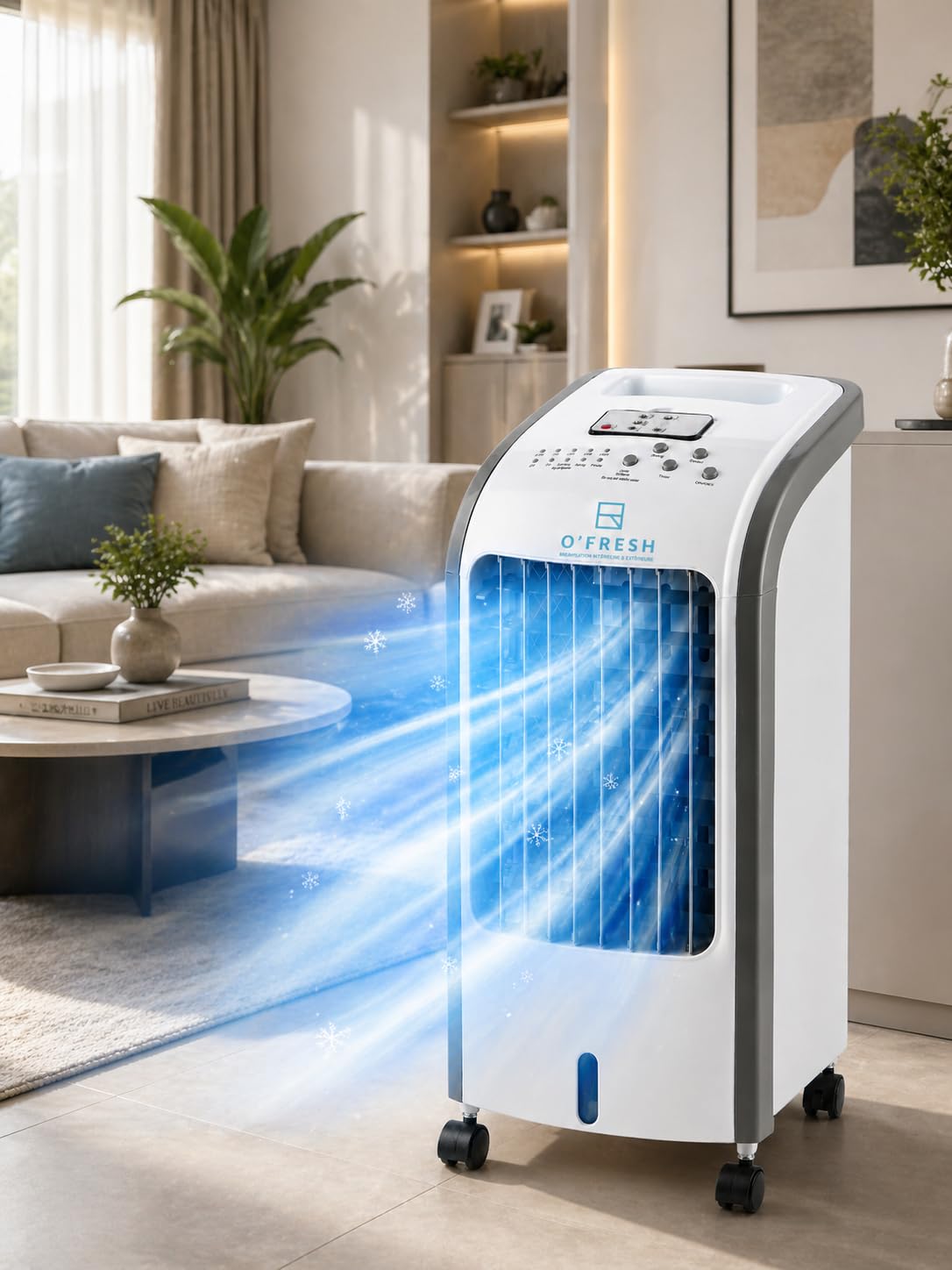 O'FRESH Rafraichisseur d'air silencieux - Portable grace à ses roulettes - Ventilateur à évaporation, rafraichit instantanément - Télécommande - Timer - Assainit l'air ambiant des polens et poluants