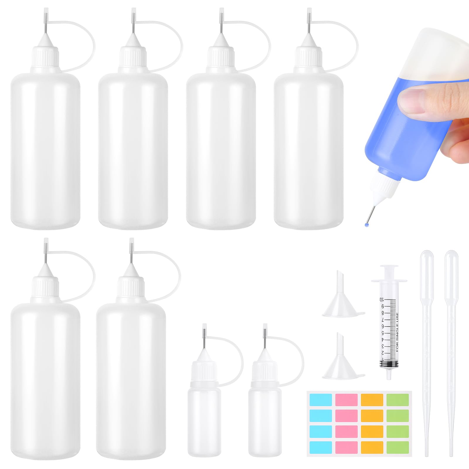 8Pcs Aplicador de Botella 10ml 100ml,Botella Dosificadora, Botellas de Agujas,Aplicador de Pegamento, Plástico Botellas Vacía con Punta de Aguja para Manualidades Aceites Tintas