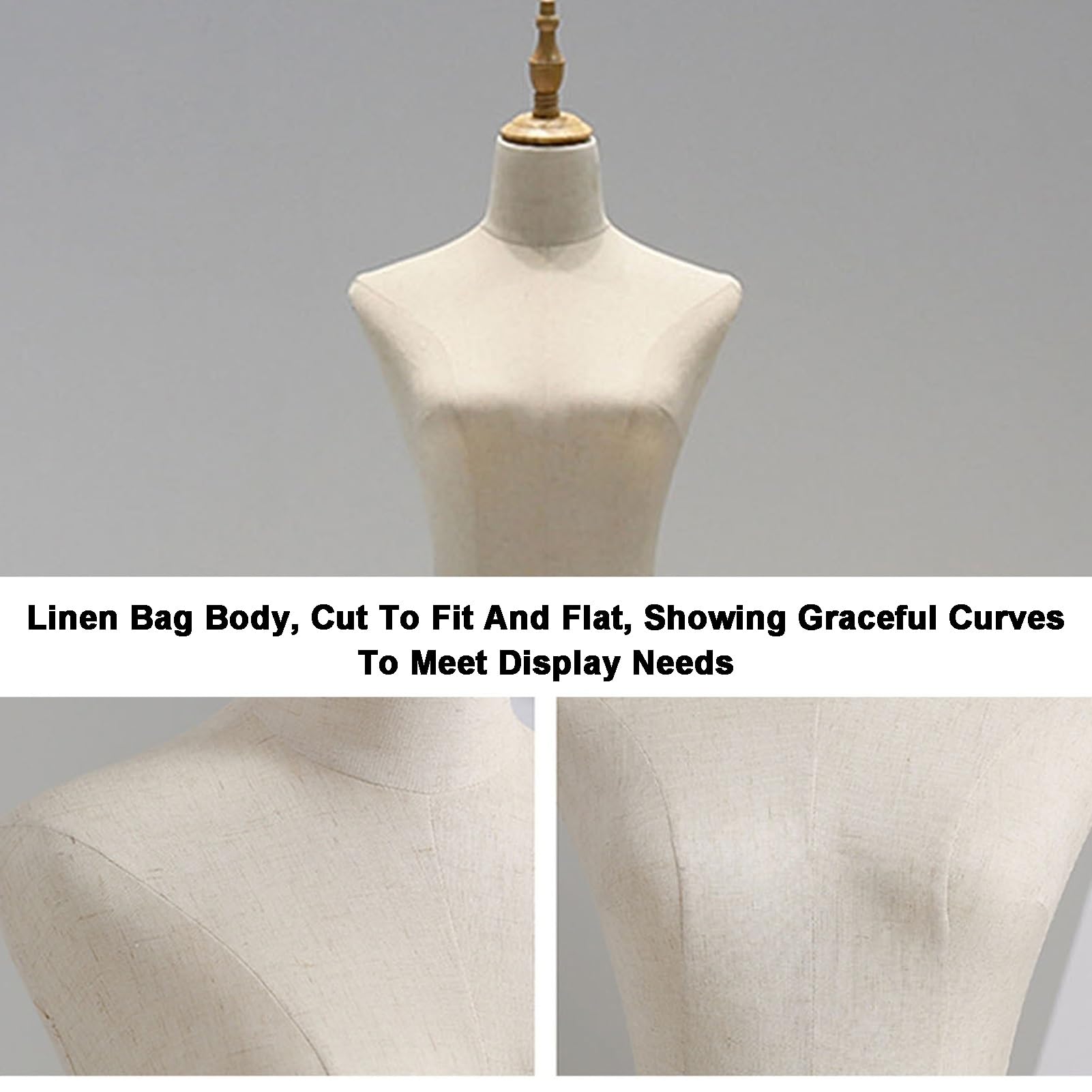 Buste de mannequin femme avec tête, bras en bois et trépied réglable en hauteur 132-182 cm pour présentation de couture