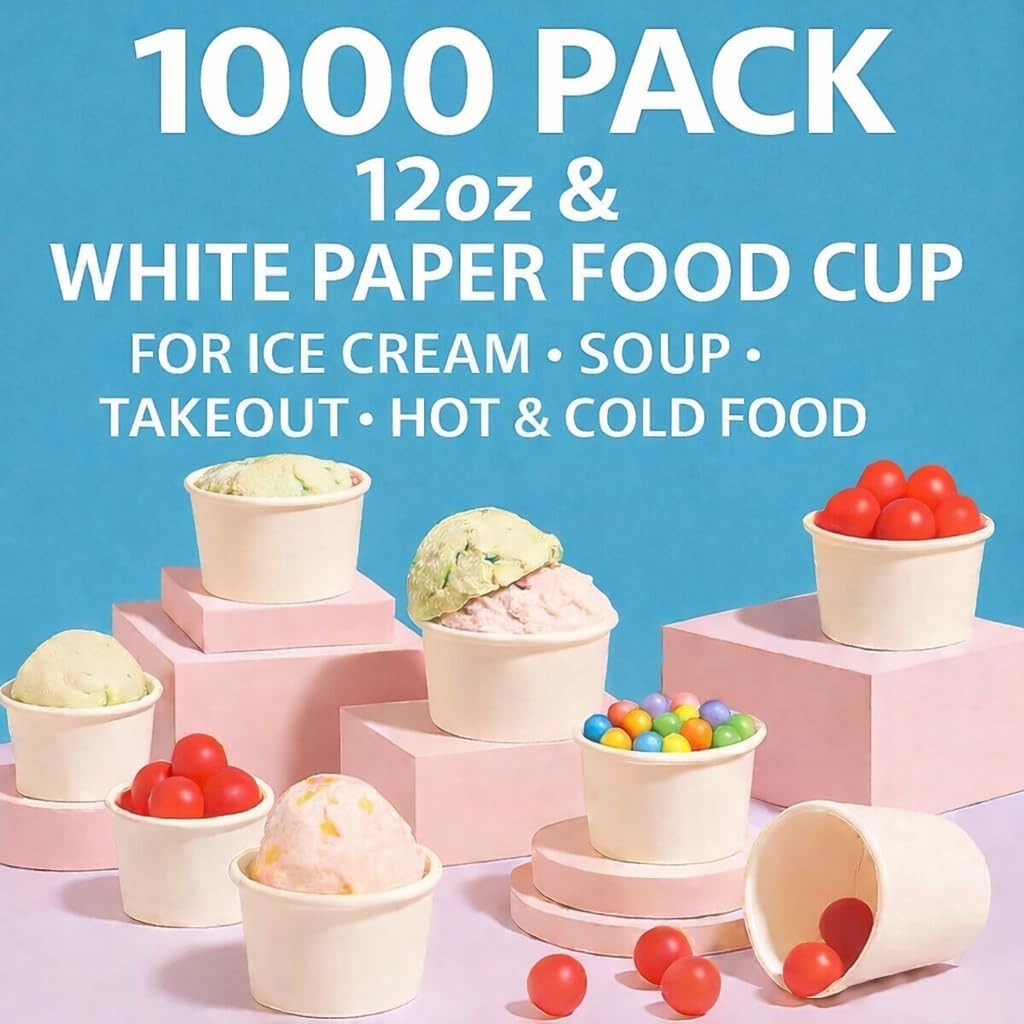 12 oz Paper Ice Cream Cups 1000 Ct Bulk, White,Disposable Dessert, Soup bowls & Gelato Cups, Heavy Duty Food Service, Yogurt and Snacks No Lids (12 oz 1000 count)