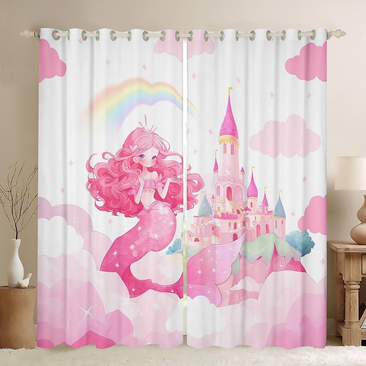 Feelyou Girls Princess Kids Bedroom Darkening Drapes Pink Castle 30%-50% Blackout Curtains Boys Girls Cartoon Mermaid Window Curtains Fairy Tales Living Room Window Treatments (2 Panels, 52 x 90 Inch)
