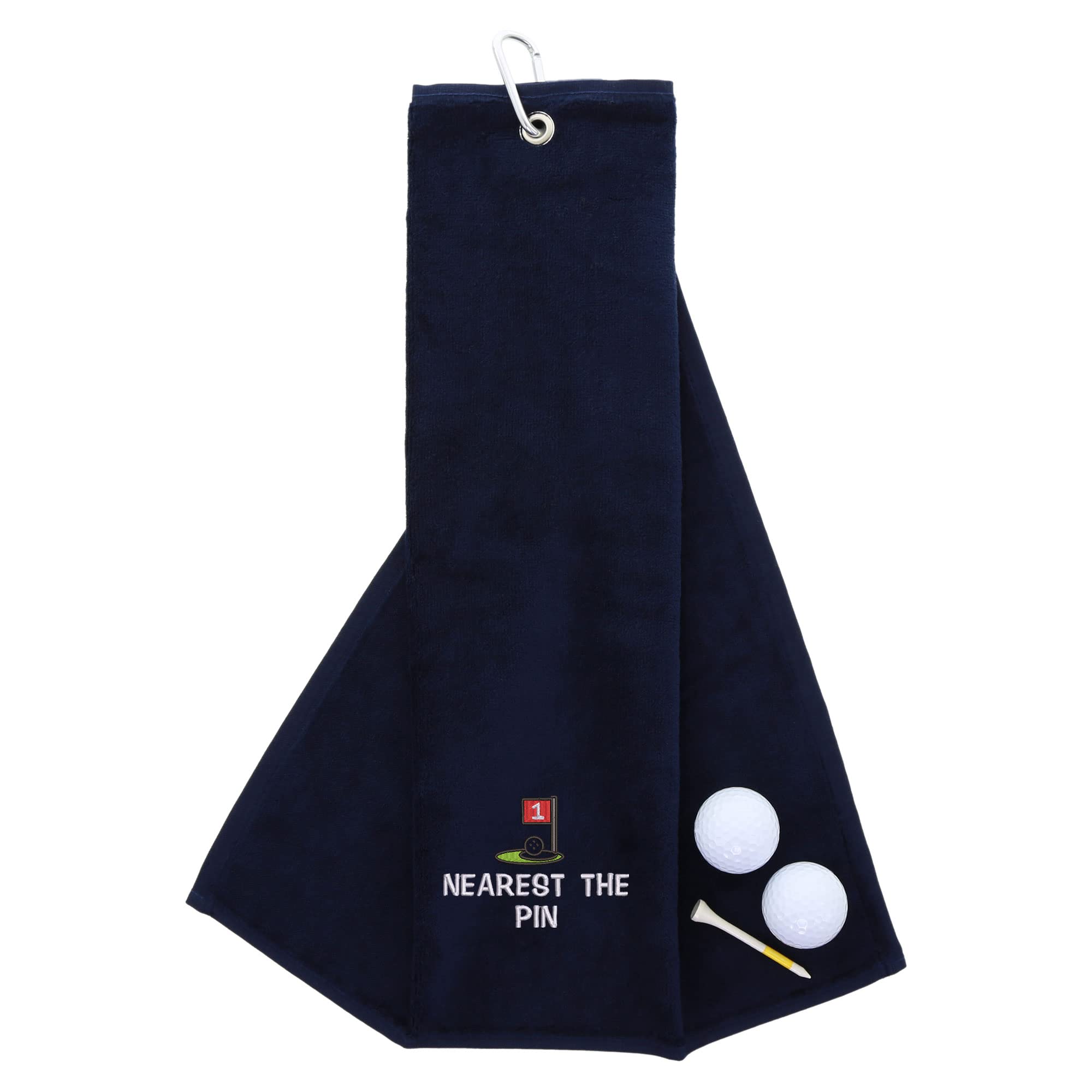 aztex Funny Trifold Golf Towel Golf Gift for Men, Carabiner Clip for Golf Bags, Golf Present, Nearest The Pin, Navy