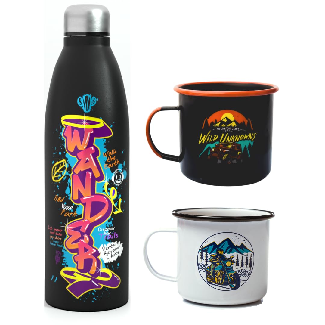 Plazy Adventure Bundle: Two Enamel Mugs & 1-Litre Stainless Steel Water Bottle with Graffiti Design – Durable, Eco-Friendly Camping & Travel Set for Outdoor Enthusiasts-image-30