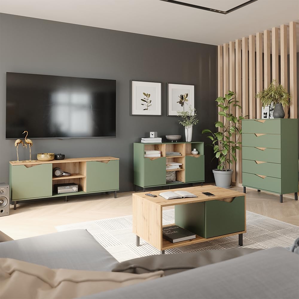 Vicco Credenza Marelle, Verde/Artigianale, 120 x 81.3 cm | con 2 porte, per la conservazione di abiti, libri o oggetti domestici