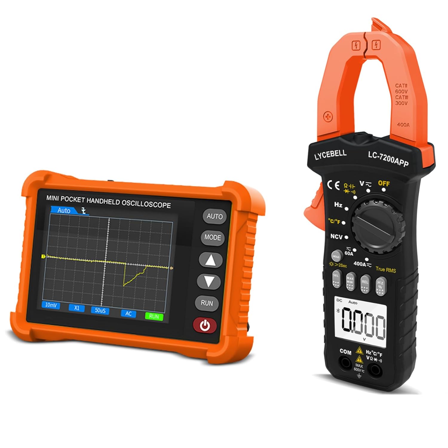 Handheld Oscilloscope with Multimeter Kit, Digital Lab Automotive Oscilloscopes with 500kHz Bandwidth, 6000 Counts Clamp Meter & Bluetooth, AC/DC Volt Tester for NCV Current Resistance Capacitance