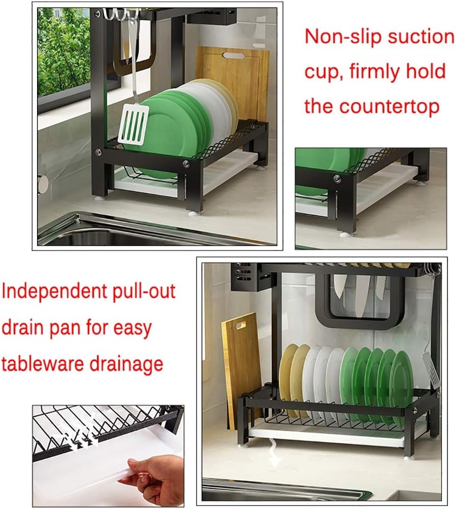 Kitchen Shelf, 2 Layers of Black 201 Stainless Steel Drain Rack Dish Rack 35 * 22 * 40.7cm.(