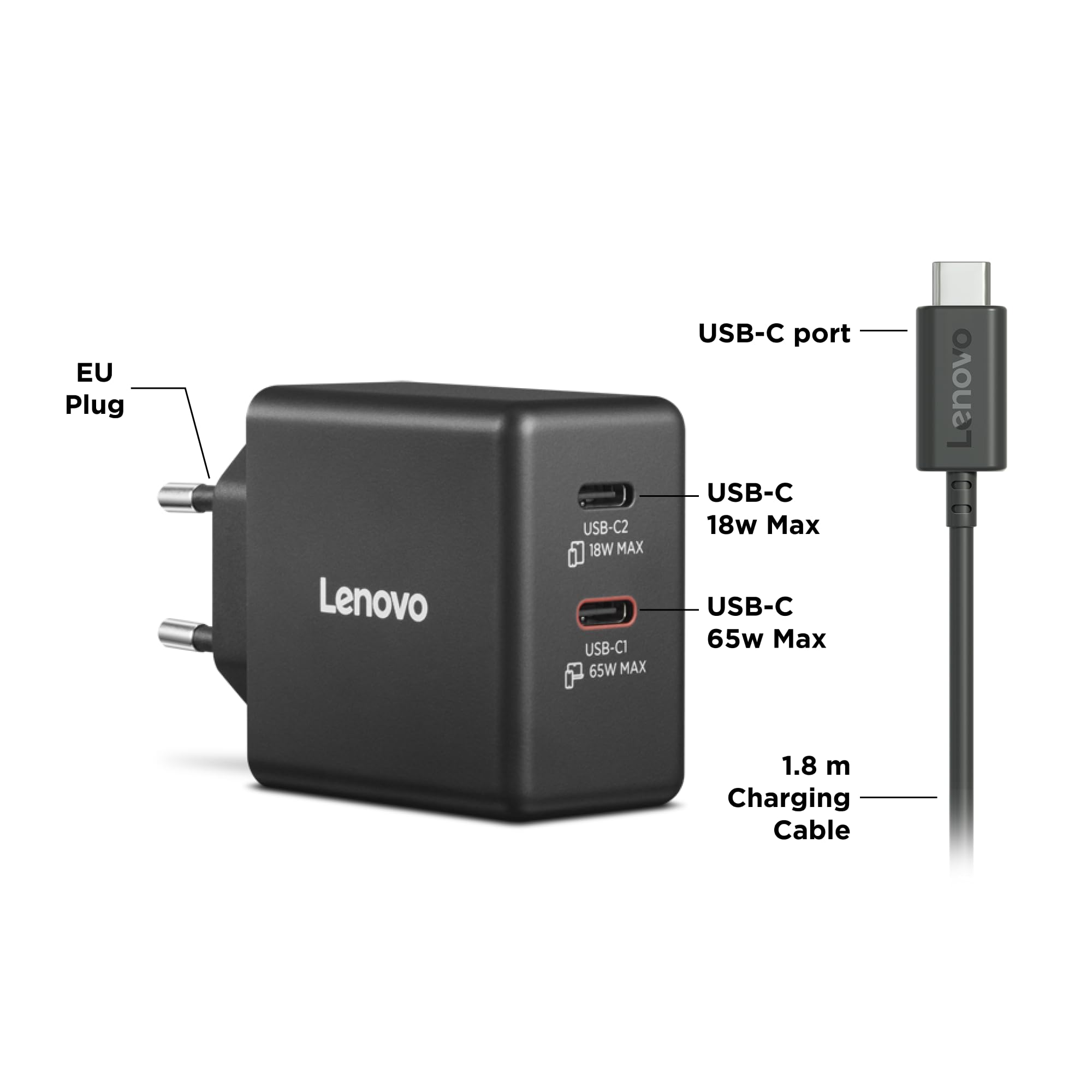 Lenovo Dual USB-C 65W GaN Charger - EU, 2 porte USB-C con split 45W+18W, caricatore compatto per notebook e dispositivi USB-C