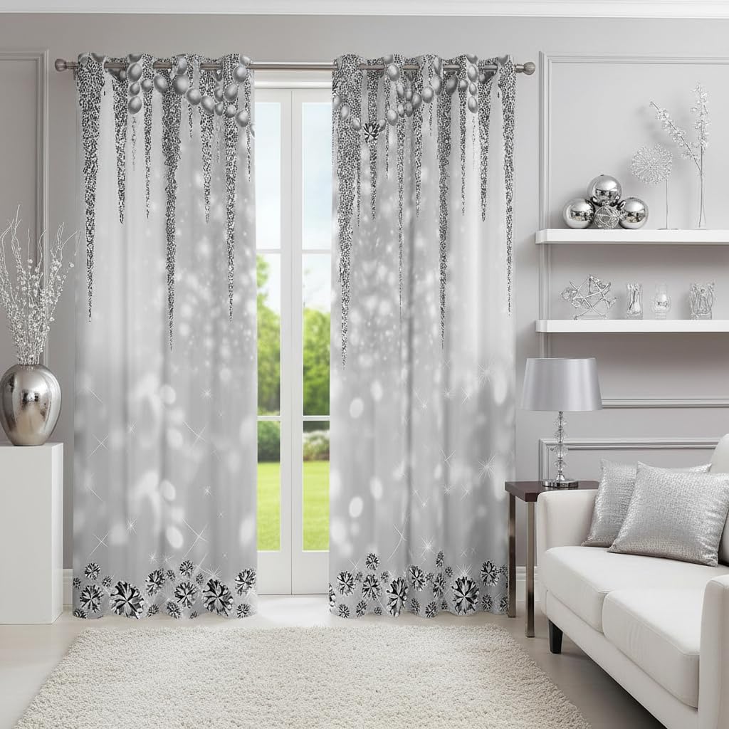 Grey Glitter Window Curtain Diamond Pearls Silver Curtains for Kids Teens Girls Men Room Decor Luxury Sparkling Jewelry Blackout Window Treatment Starlight Galaxy Window Drapes,Top 2 Panel,52Wx63L