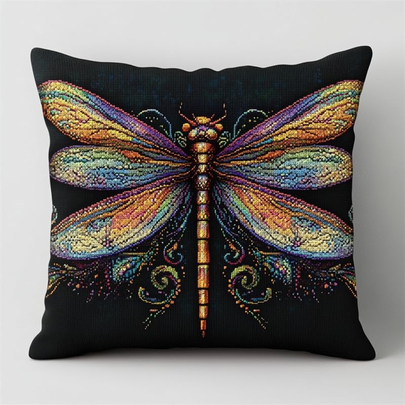 Walluminati Cross Stitch Pillow Kit, Dragonfly 11CT Cross Stitch Cushion Cover Embroidery Kit Pillow Cases Stitch Throw Pillow Handmade Cushion Cover Home Sofa Decoration 18x18inch