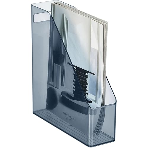 mDesign Plastic Slim Vertical File Folder Storage Organizer Bin with Handle - Hold Notebooks, Binders, Envelopes, Magazines for Home Office, Work Desktops, Ligne Collection, Dark Smoke Gray Tint