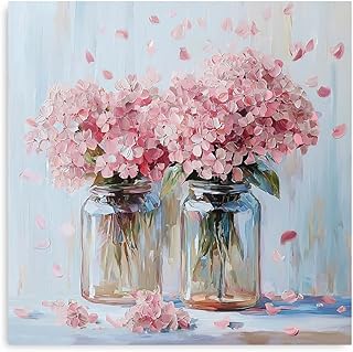 ForJoy Pink Hydrangea Wall Art Farmhouse Flowers Pictures Wall Decor Pink Flower Bouquet in Vase for Home Living Room Bathroom(13.5"x13.5")