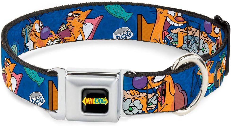Buckle-Down Seatbelt Buckle Dog Collar - CatDog Hanging Out Poses Blue - 1" Wide - Fits 11-17" Neck - Medium