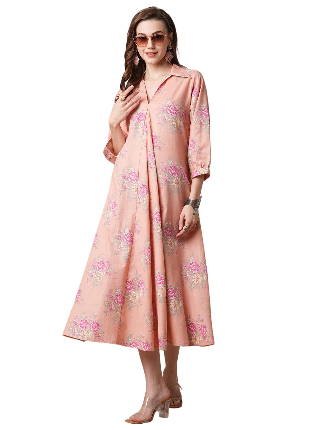 Ethnic Floral Printed A-Line Paneled Maxi Dress - Peach-image-43