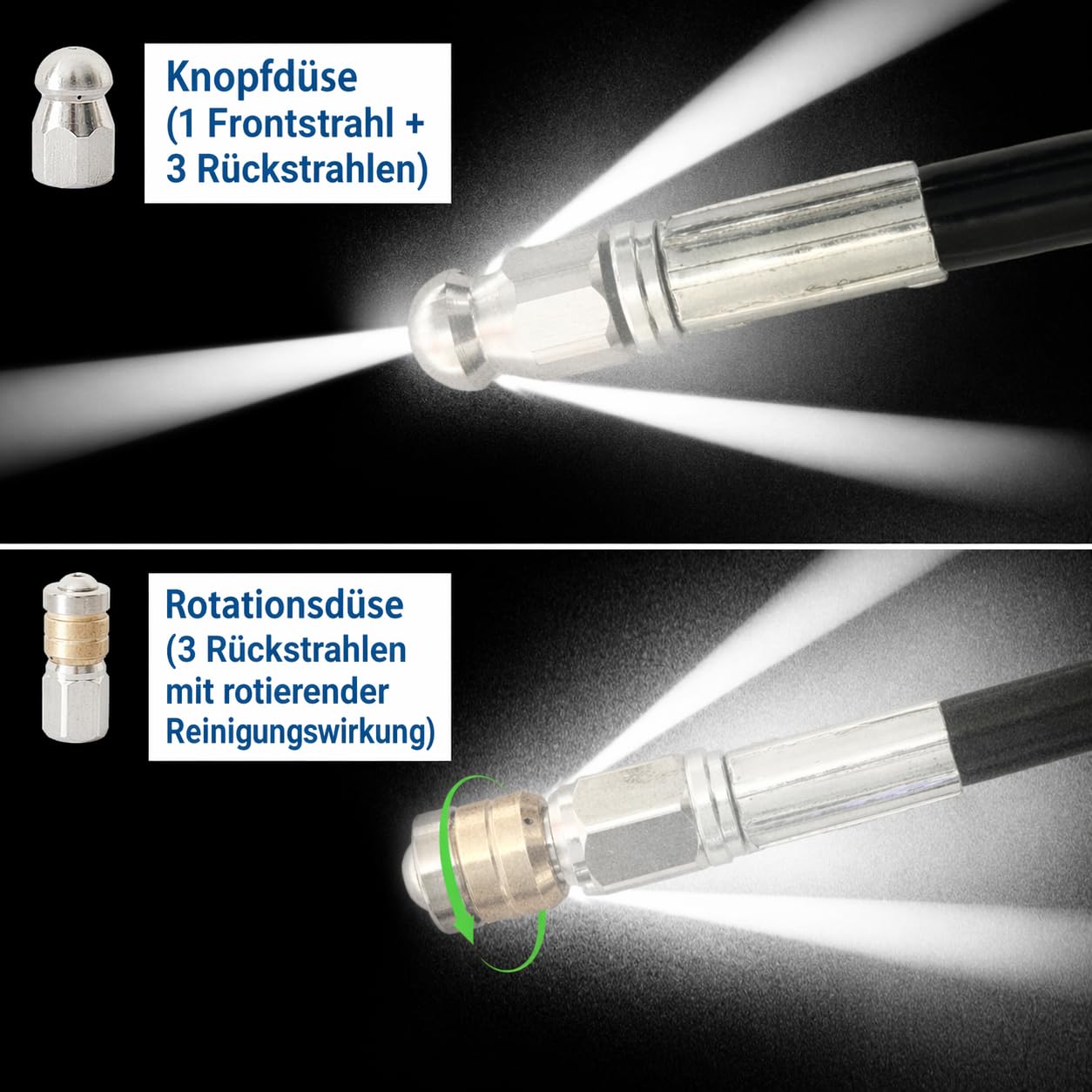 Rohrreinigungsschlauch 30m für Hochdruckreiniger, Rohrreiniger Set Kanalratte mit Rotationsdüse & Knopfdüse, Abflussreiniger Rohrfrei Kompatibel mit Kärcher K-Serie, Bosch AQT, Lavor & 1/4", 400Bar