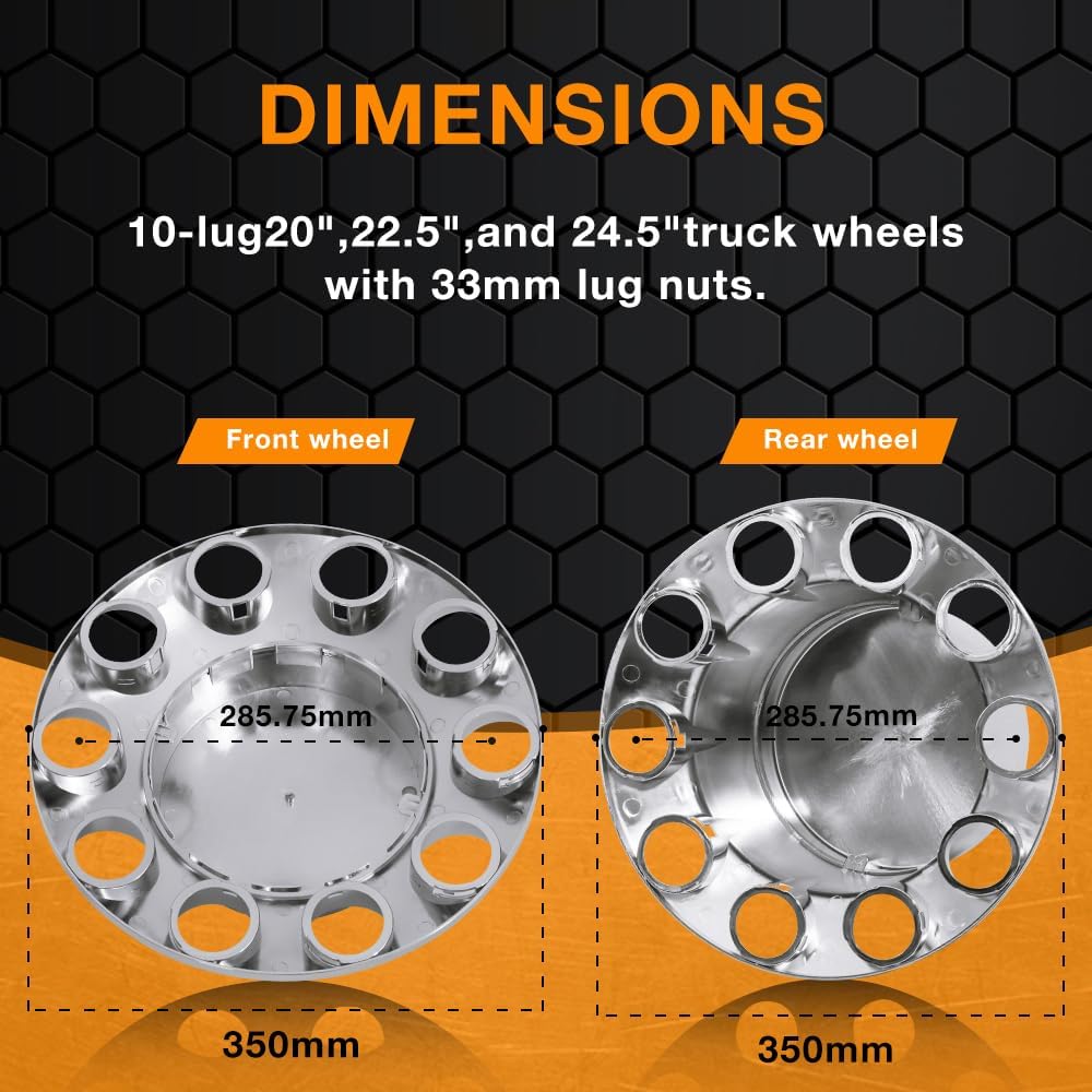 33mm Chrome ABS Flat Top Hub Cover Kit Axle Cover with 33mm Thread-on Lug Nut Covers 2 Front and 4 Rear Axle Wheel Covers and Removable Center Caps for Semi Trucks, Trailer