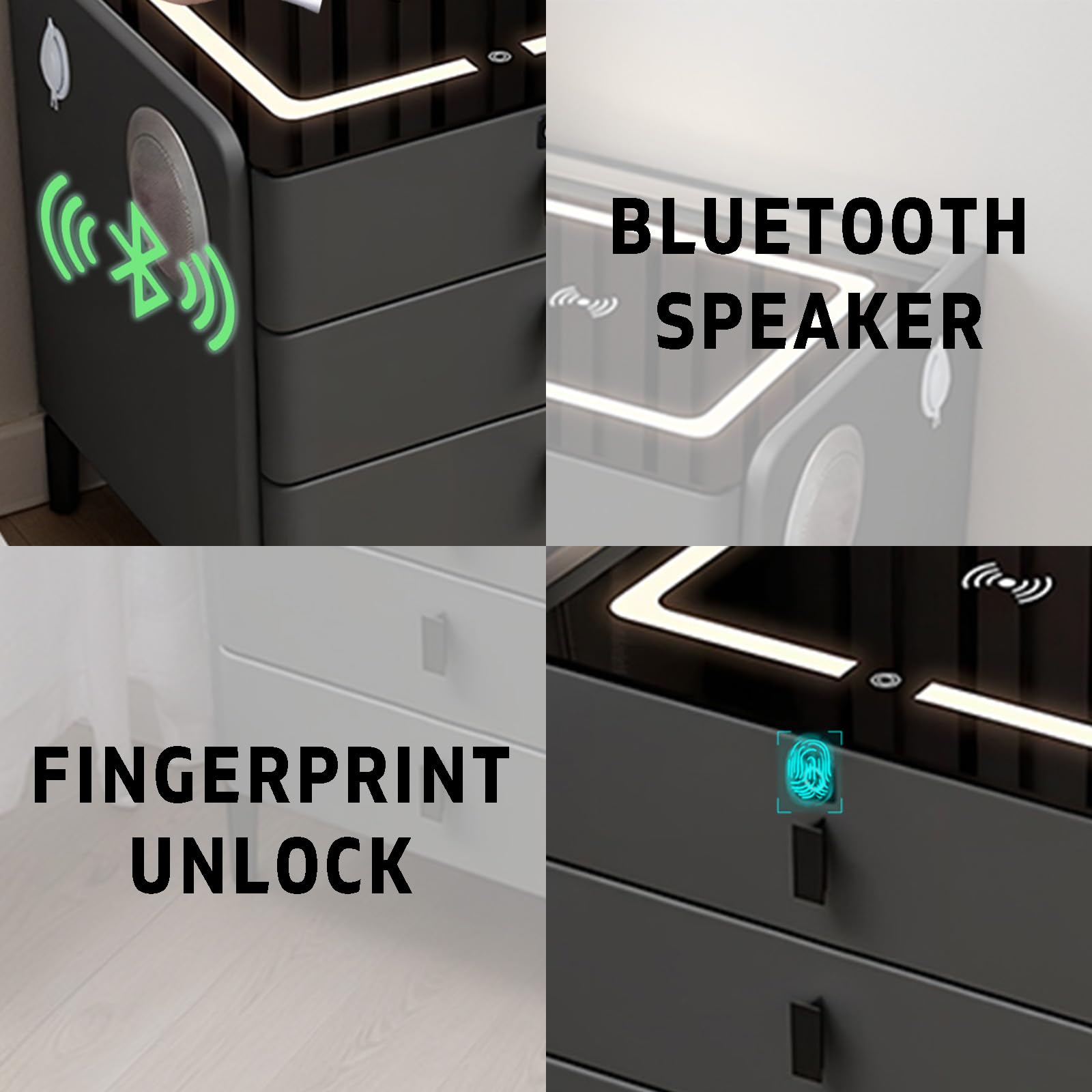Stoliki końcowe ze stacją ładującą, bezprzewodowy stolik nocny, 3 szuflady, światła LED, porty USB, do salonu, gabinetu