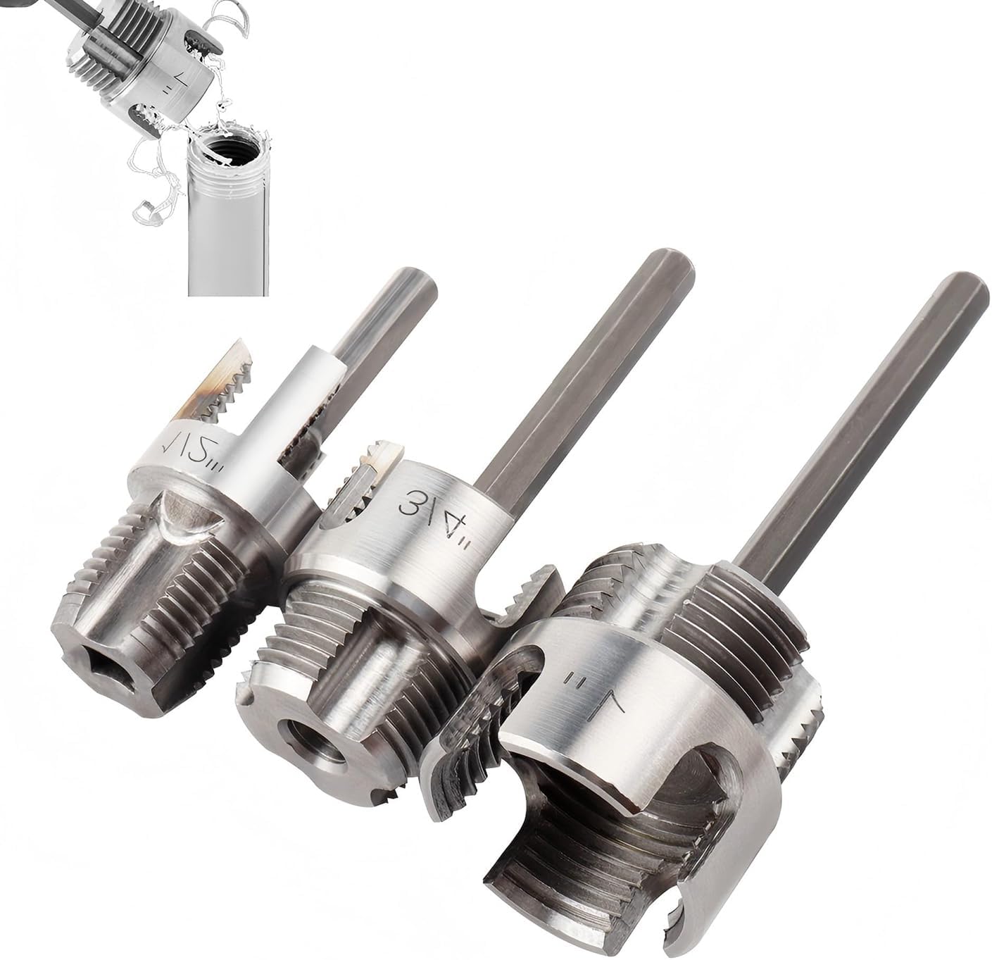 3Pcs Integrated Internal External Pipe Threader Kit for 1/2" 3/4" 1" PVC Plastic Pipes, All-in-One Thread Cutting Tool with Hex Shank, for Leak-Proof Plumbing, Gas & Irrigation Work