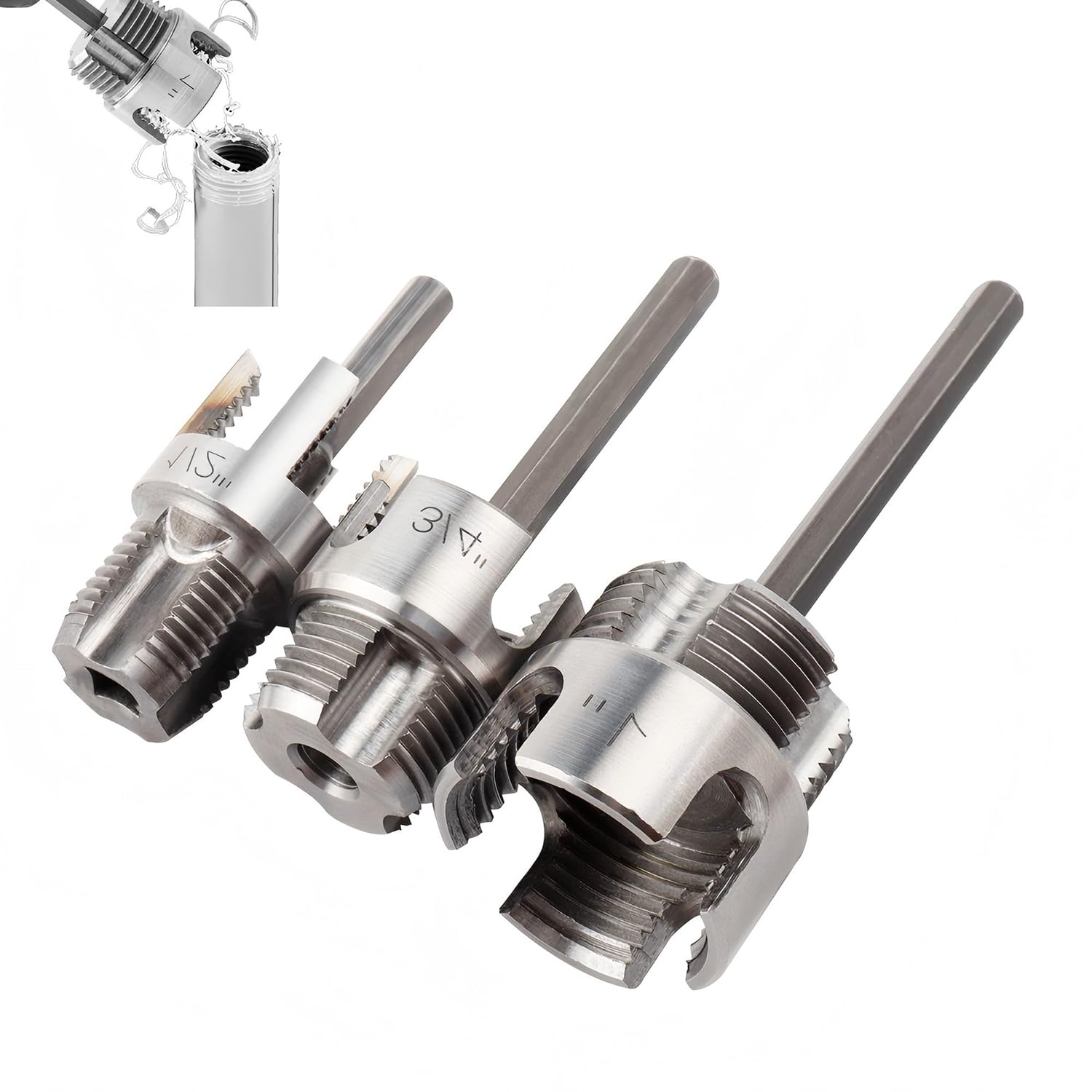 3Pcs Integrated Internal External Pipe Threader Kit for 1/2" 3/4" 1" PVC Plastic Pipes, All-in-One Thread Cutting Tool with Hex Shank, for Leak-Proof Plumbing, Gas & Irrigation Work