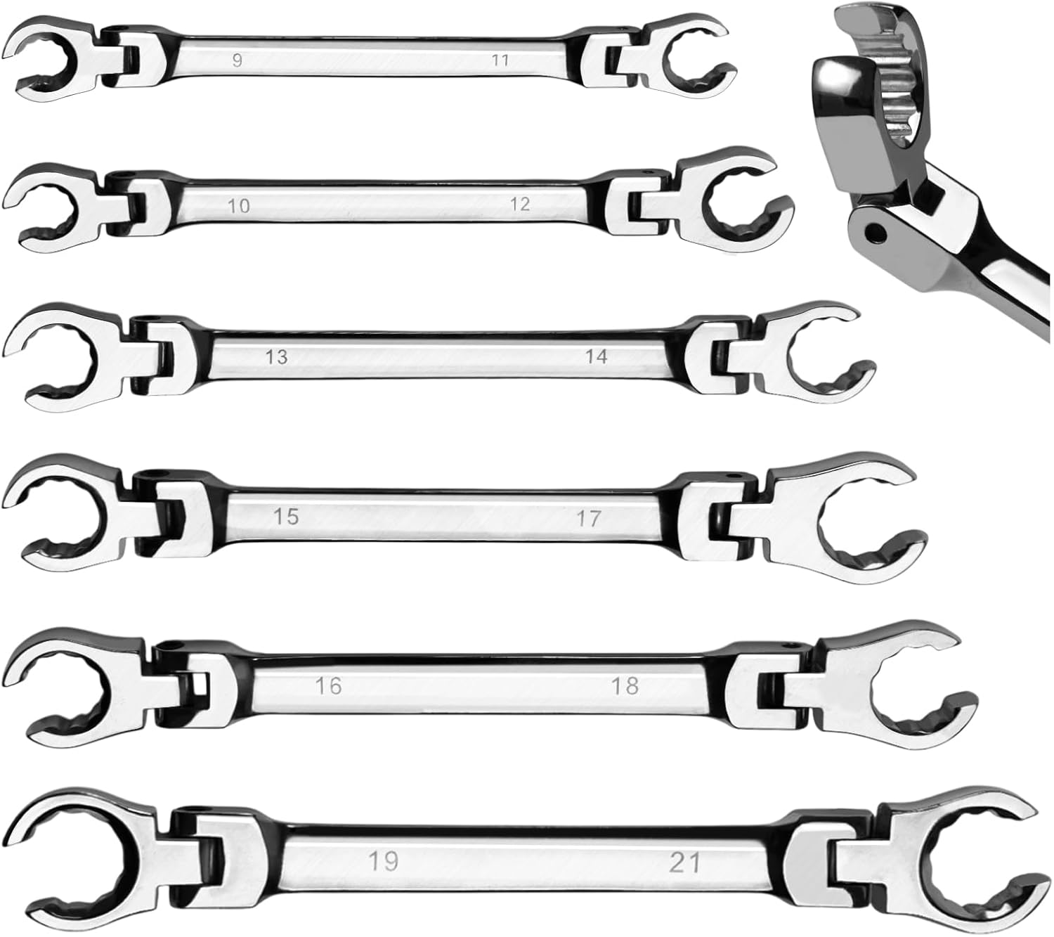6-Piece Flex-Head Flare Nut Wrench Set Metric 9, 10, 11, 12, 13, 14, 15, 17, 18, 19, 21mm | 40 Cr Double Open End Brake Line Wrench for Automotive Brake, Fuel, AC Lines and Plumbing Repairs