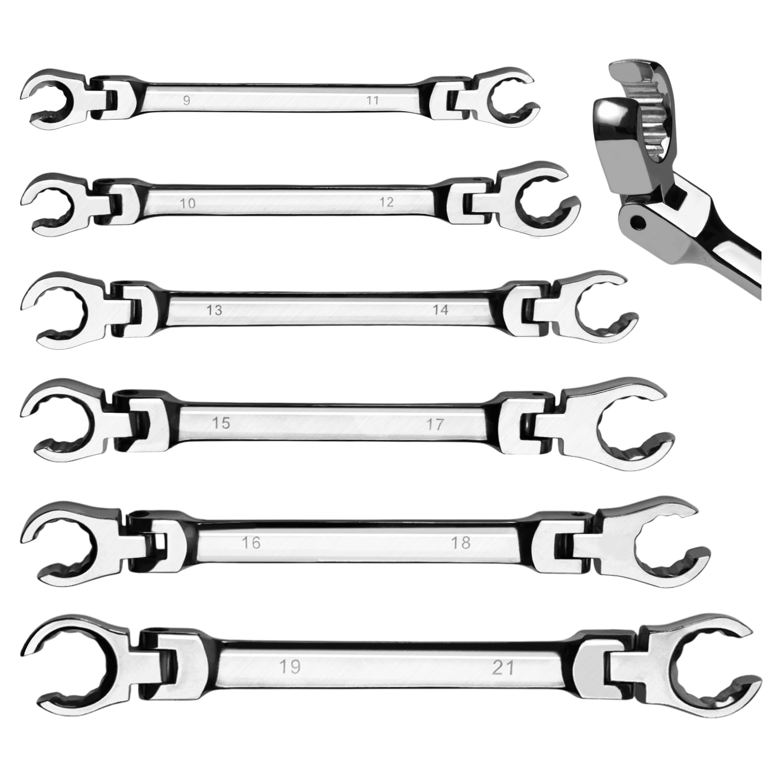 6-Piece Flex-Head Flare Nut Wrench Set Metric 9, 10, 11, 12, 13, 14, 15, 17, 18, 19, 21mm | 40 Cr Double Open End Brake Line Wrench for Automotive Brake, Fuel, AC Lines and Plumbing Repairs
