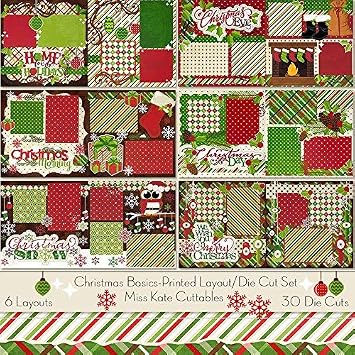 Printed Layout & Die Cuts Kit - Christmas Basics Layouts - by Miss Kate Cuttables - 6-2 Page 12"x12" Layouts on 80lb Specialty Paper & 30 Coordinating Die Cuts - Exclusive Original Matching KIT