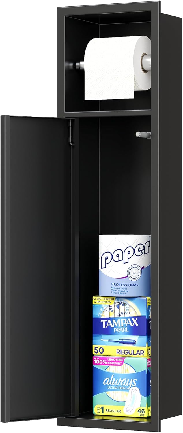 Neodrain Recessed Toilet Paper Holder, in Wall Toilet Paper Holder, 304 Stainless Steel Tissue Paper Holder with Dispense and Storage for Bathroom, Matte Black