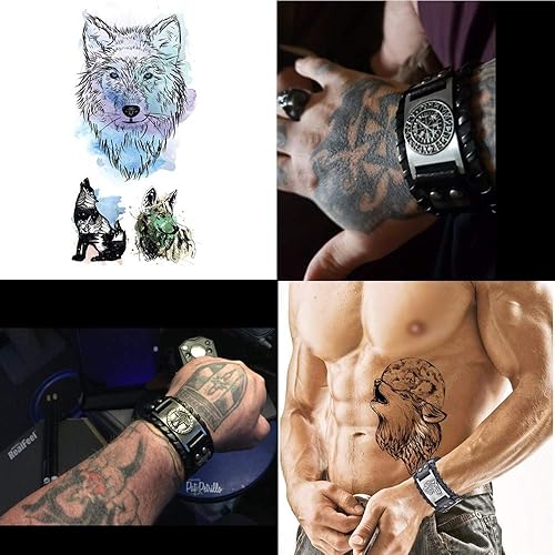 Miniatura 4 de TURTLEDOVE Pulseras vikingas de 2 piezas - Lobo vikingo Fenrir - Amuleto escandinavo de Vegvisir nórdico