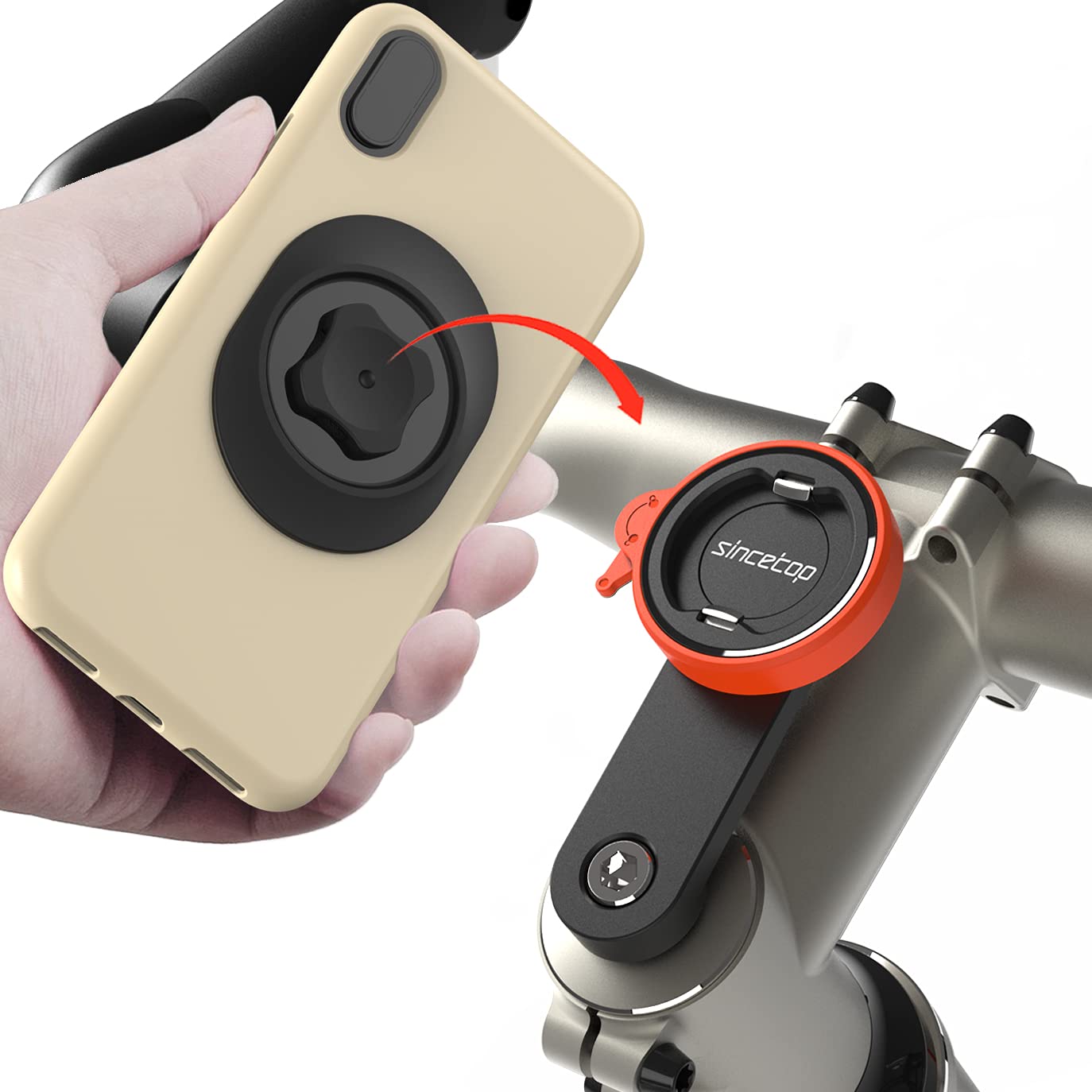 sincetopBike Phone Mount,Mountain Bicycle Stem Cap Phone Holder,Universal Aluminum Handlebar Phone Clamp,MTB Road Bike Cycling Mobile Phone Clip,Quick Attach/Release-Orange【Series C-1st Gen】