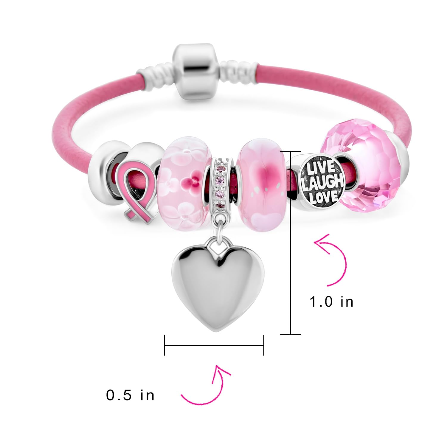 Bling Jewelry Empowerment In Rosa: Bracciale Con Charm In Cristallo Nastro Rosa Per Donne - Bracciale In Vera Pelle Rosa .925 Chiusura A Barile In Argento - Disponibile In 6, 7, 8 Pollici