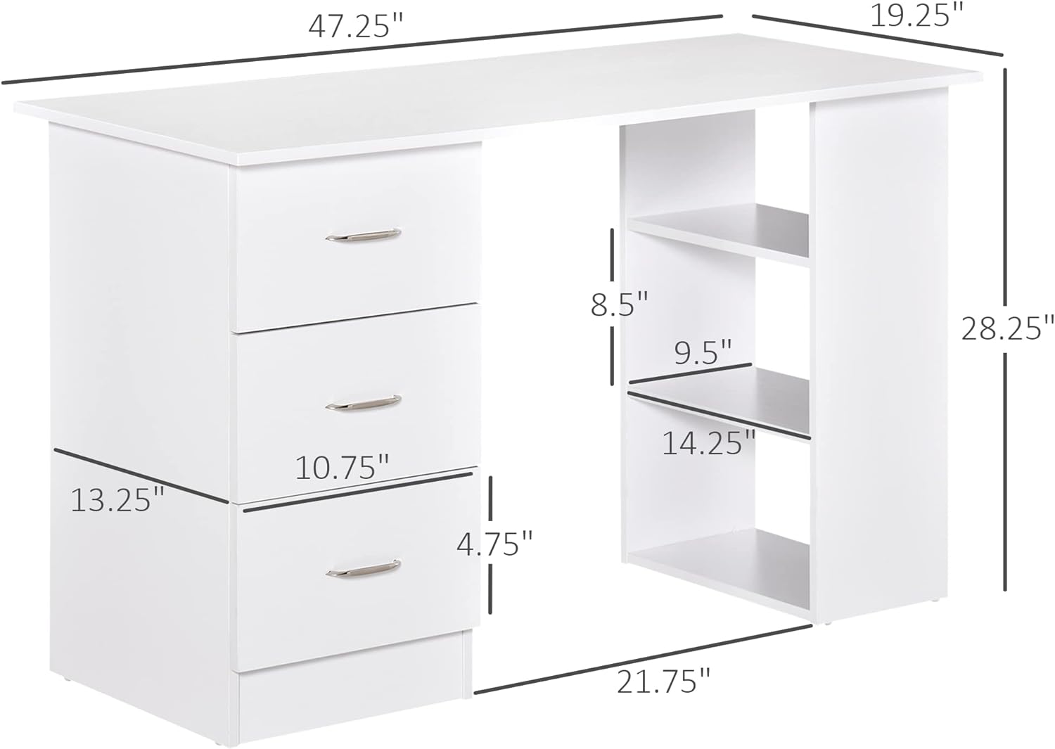 HOMCOM Computer Desk with Storage, 47" Writing Table with 3-Tier Shelves and 3 Reversible Drawers, Work Desk for Home Office, Bedroom, White - Image 3