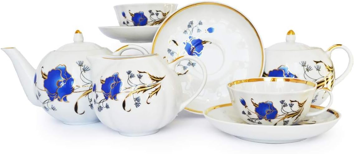 Dulevo Porcelain Tea Set 15-pc. Blue Poppies. Tea Set for 6 Persons