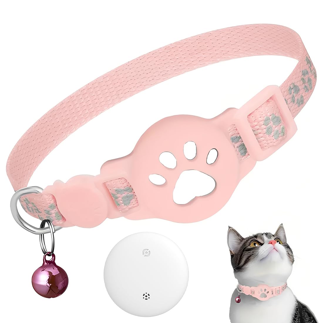 Collar para Gatos, Collar Multifuncional para Gatos con AirTag, para localizar Mascotas, con Cierre de Seguridad y Correa elástica, con GPS (Rosa)