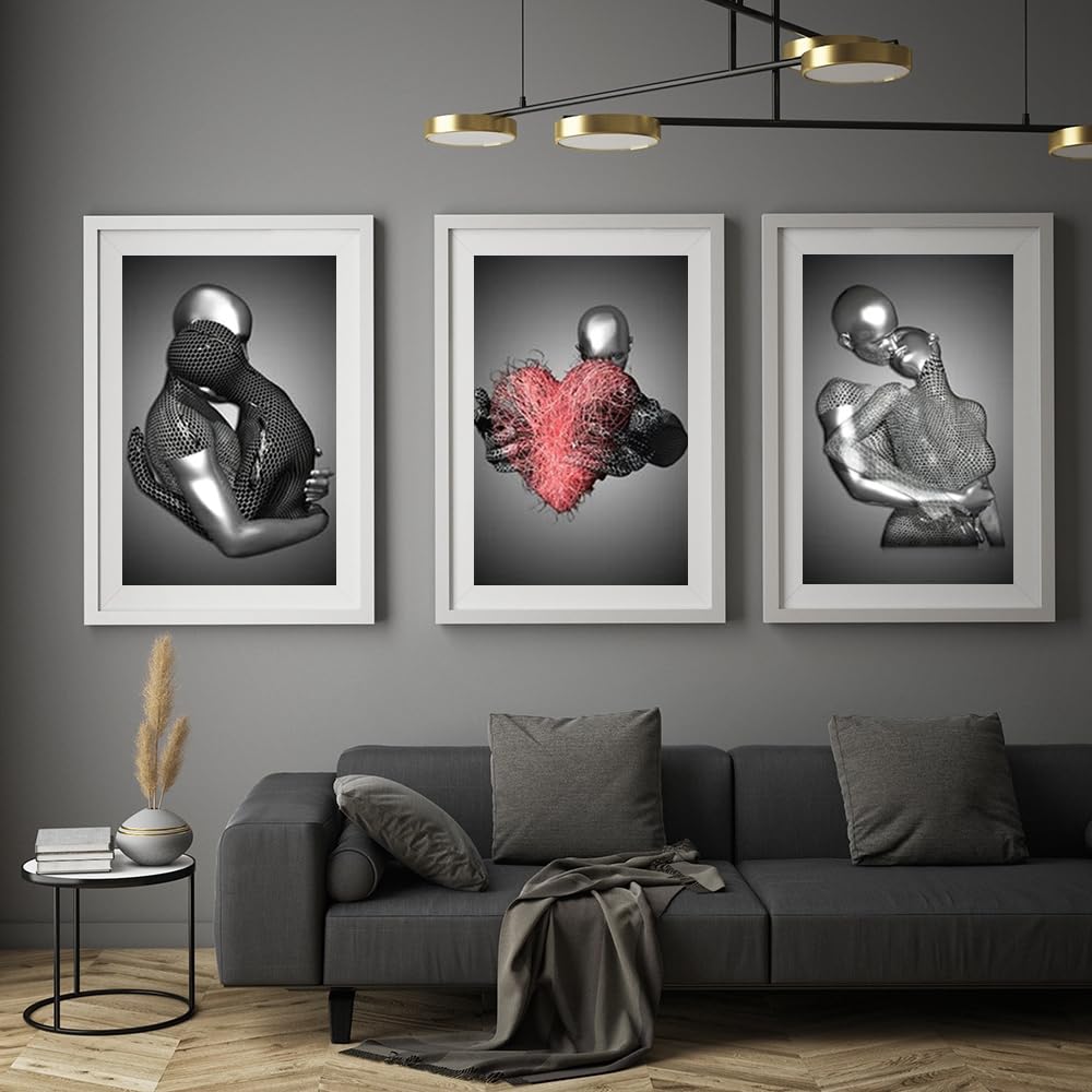 WADBTP Modern Art Metal Figure Canvas Painting Poster, Metal 3D Sculpture Effect, Romantic Lovers Hug Home Poster Set - Image 3