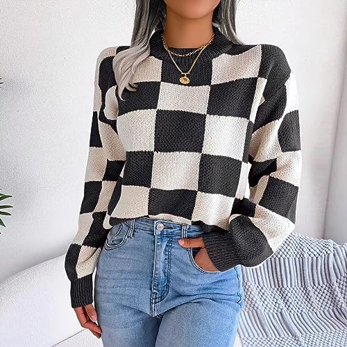 Women's Color Block Checkered Crew Neck Long Sleeve Y2K Plaid Knitted Pullover Sweater Tops Vintage Preppy Style Knitwear4