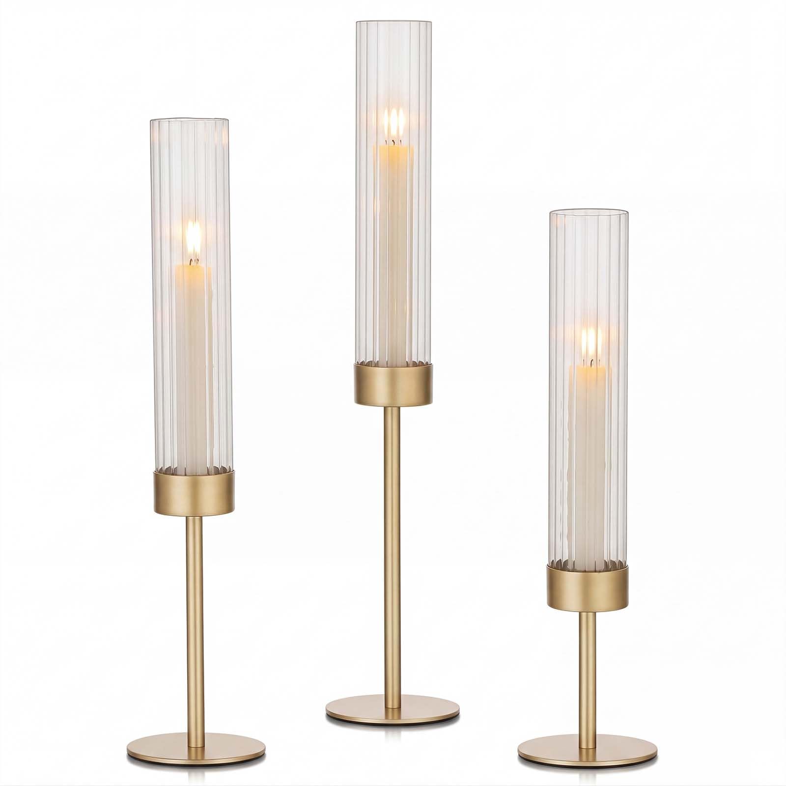 Fluted Candle Holder Ribbed Set of 3, Gold Hurricane Candle Holder with Glass Shade, Tall Metal Candlestick Holders for Taper Candles, Wedding Table Centrepiece, Dinner & Christmas Decor