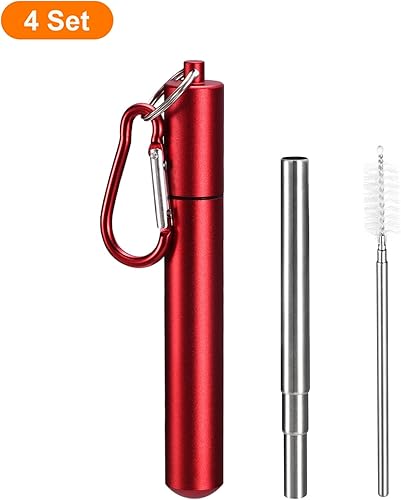 Miniatura 9 de uxcell 4 popotes de metal reutilizables, de 3.7 a 9.1 pulgadas, pajitas telescópicas portátiles de acero inoxidable con estuche redondo y cepillo de