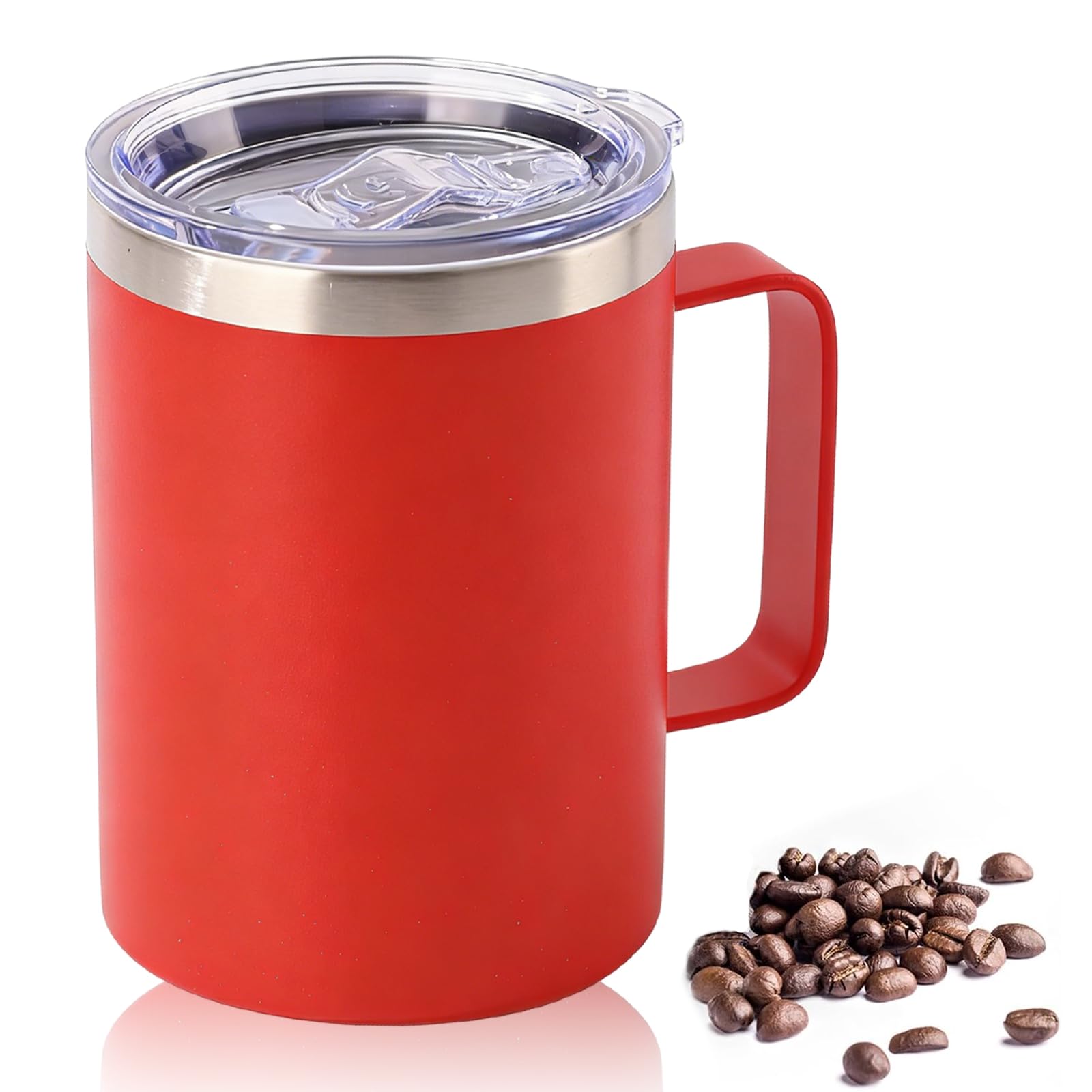 YueXing 16oz Black Insulated Coffee Mug with Handle, Leakproof Double Wall Stainless Steel Travel Mug with Sliding & Straw Lid, Dishwasher Safe for Camping Commuting Hot Cold Drinks (Red)