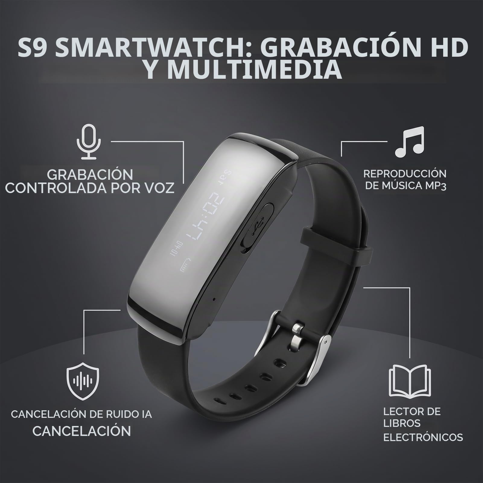 Reloj Grabadora De Voz, Grabadoras De Voz Digitales con Cancelación De Ruido, Grabadora De Pulsera De Audio De Grabación Larga con Reproducción, Visualización De La Hora, (8G)