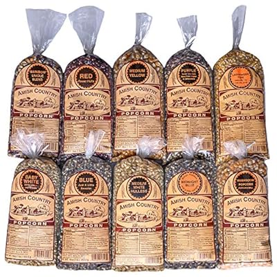 Amish Country Popcorn - 10 1 Lb Bag Variety Gift Set Bundle Red, Blue, Medium White, Midnight Blue, Purple, Ladyfinger, Baby White, Rainbow, Medium Yellow, and Mushroom