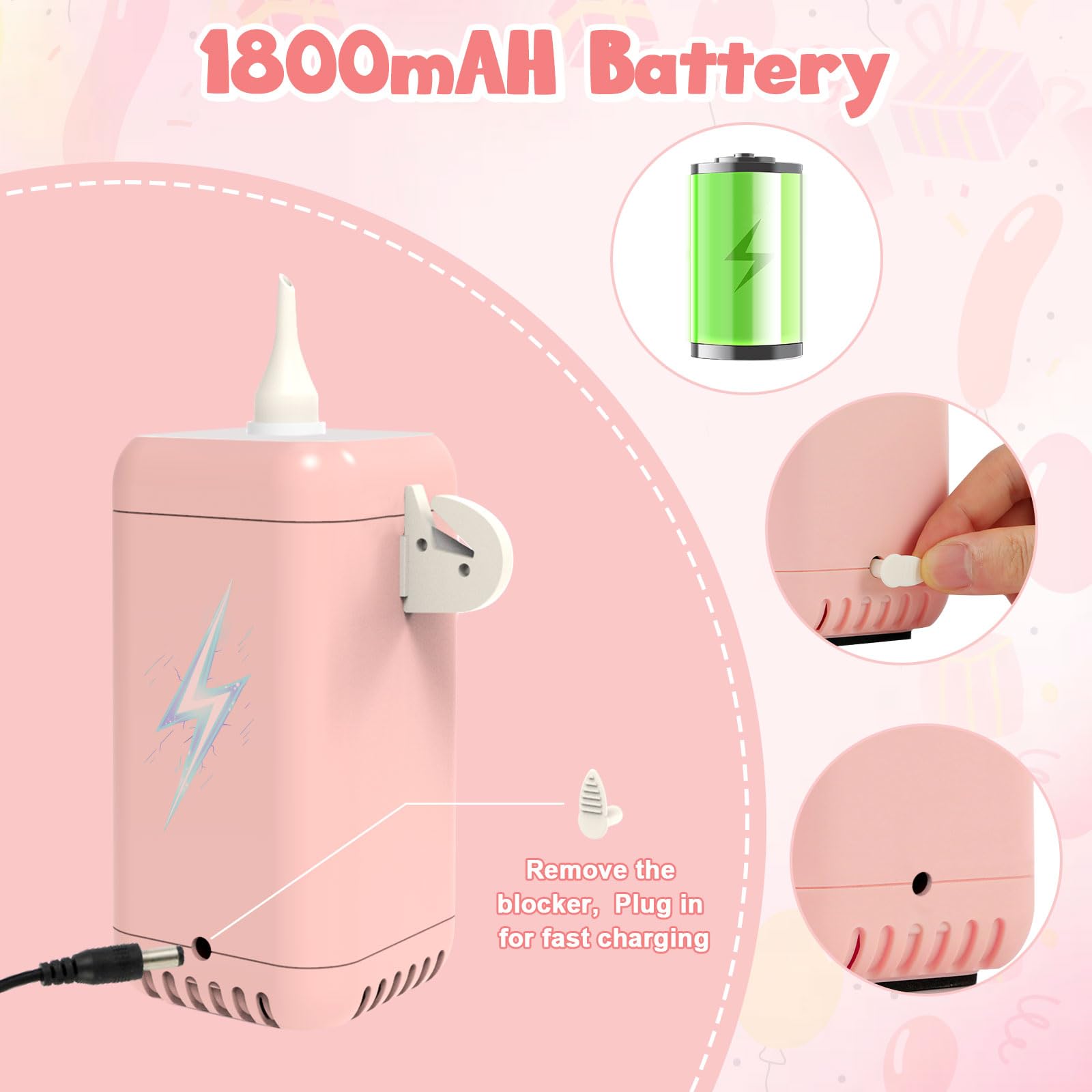 Kusamue Balloon Pump Electric with Battery, 2-in-1 Electric Air Pump for 260/160,Foil, Latex Balloons and Sport Balls(Pink,1800mAH)