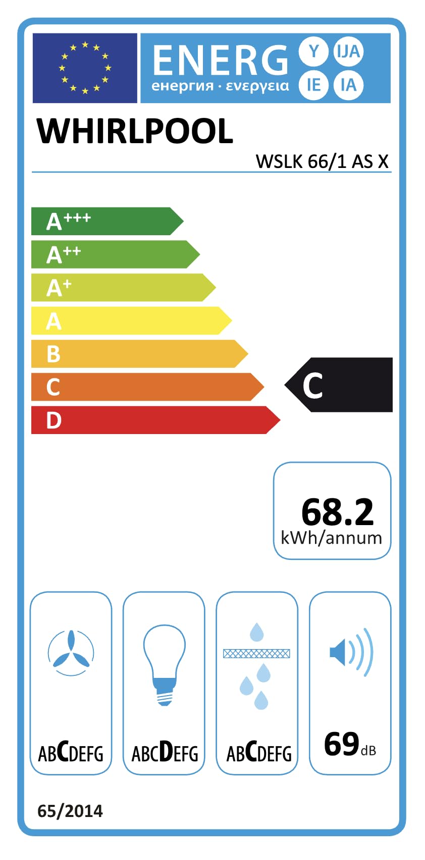 Whirlpool WSLK 66/1 AS X - Campana (384 m³/h, Canalizado/Recirculación, C, D, C, 69 dB)