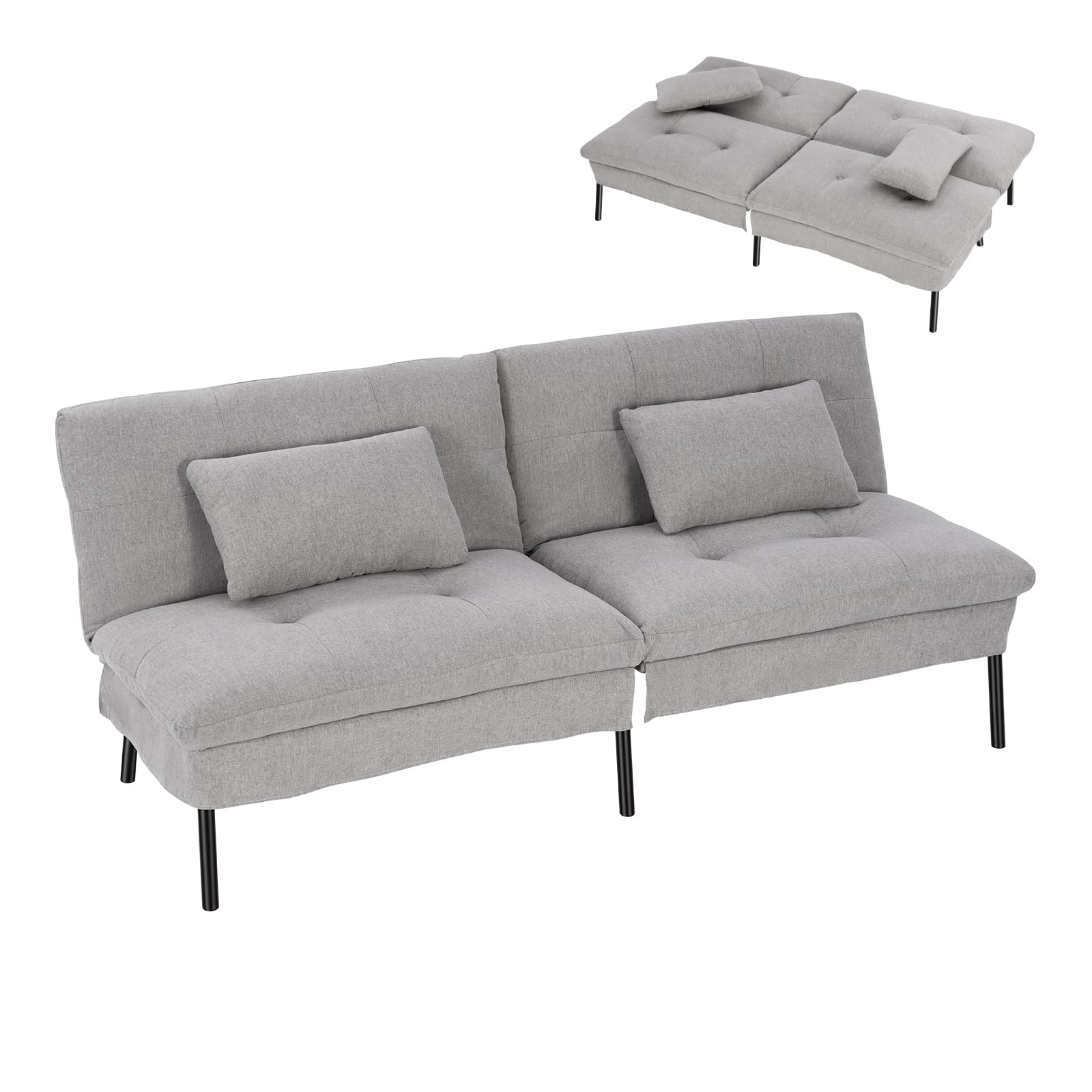 WOLTU Sofá Cama de 2 Plazas con 2 Cojines, Respaldo Ajustable, Gris Claro | Sofá Cama con Patas Antideslizantes, Estructura Metálico + Lino Sintético Transpirable, para Salón, Dormitorio, Estudio