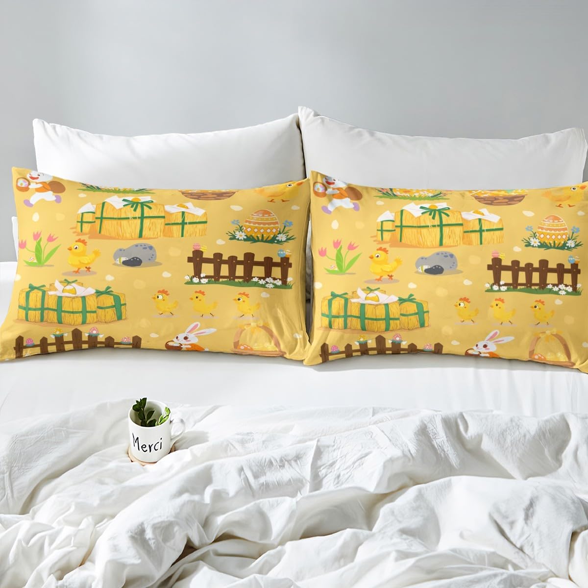 Cartoon Chicken Fitted Sheet Full Size,Rustic Farm Theme Bedding Sets 3Pcs,Easter Eggs Rabbit Bed Sheets 3Pcs for Kids Girls Boys Room Decor,Cute Animals Deep Pocket Sheet,2 Pillowcases