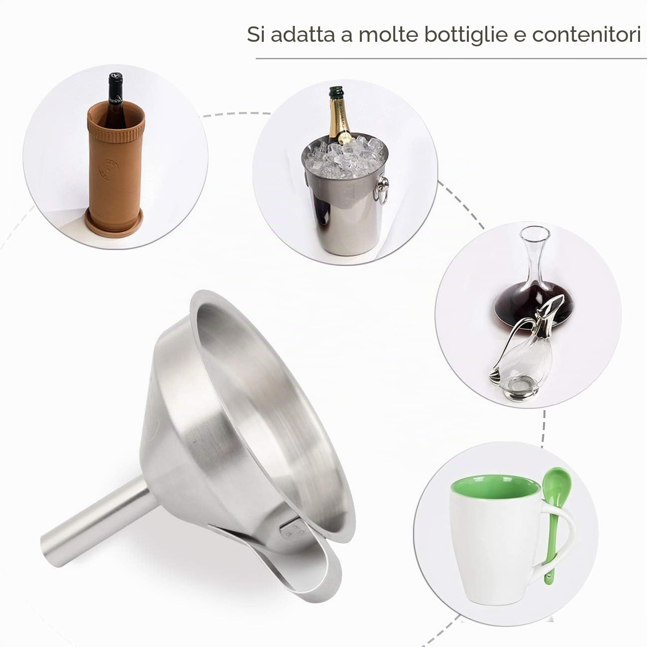 HAUSPROFI Set di 3 Imbuti in Acciaio Inox e 2 Spazzolini per Pulire - Imbuto in Acciaio Inox 11/13/15 cm per la Trasmissione di Ingredienti Liquidi/Secchi e Polvere