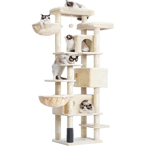 Hey-brother Cat Tree, 74 inches Multi-Level XL Large Cat Tower for Indoor Cats with Three Cat Condos, Two Large Top Decks and Cat Hairbrushfor Kittens, Cats and Pets, Beige MPJ035-MM