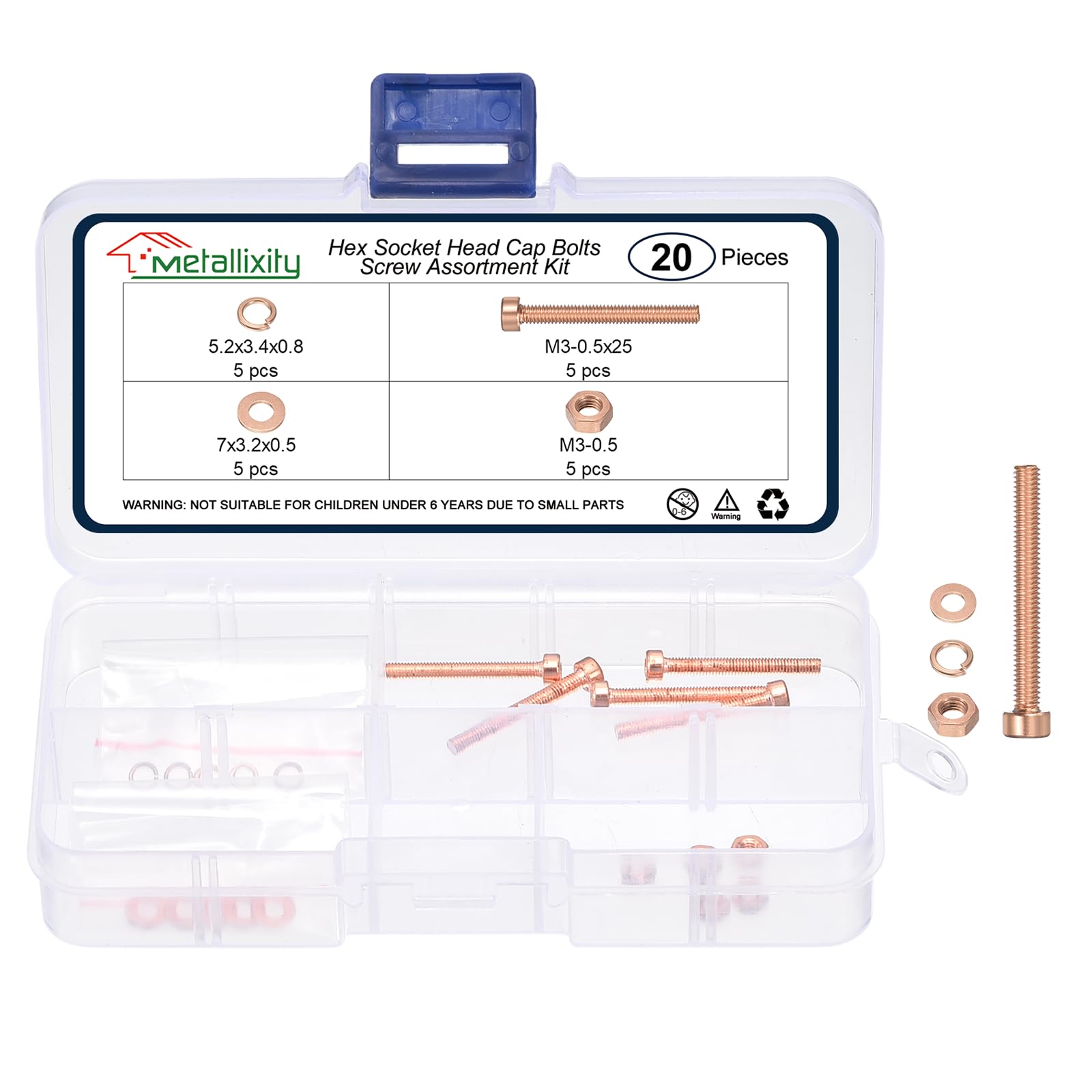 METALLIXITY Socket Head Cap Screws Kit (M3x25mm) 20Pcs, Screws Nuts Spring Flat Washer Kit Red Copper Allen Socket Drive Hex Screw for 3D Printer Use, Red